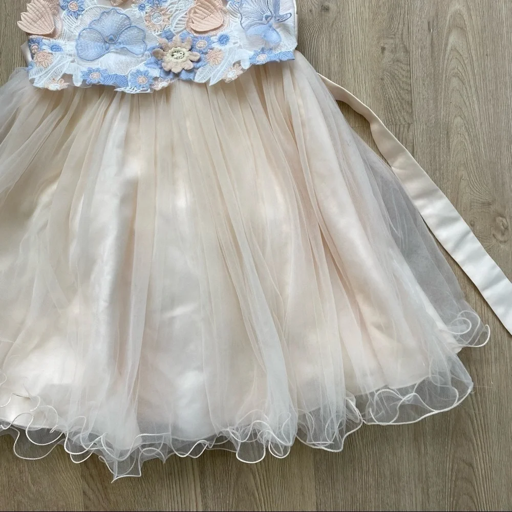 Cielarko Peach & Blue Butterfly Flower Tulle Dress, Satin Top, Size 130 (6/7 Y)